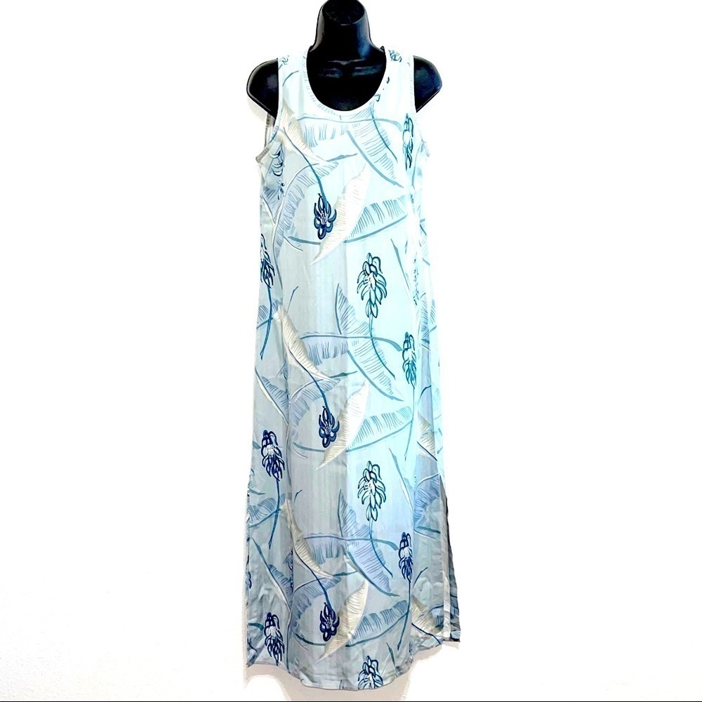 100% SILK Woman Blue White Floral Pattern Casual Dress Size M